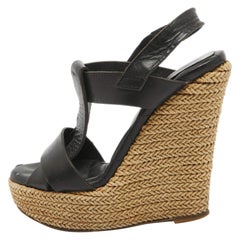 Burberry Black Leather Espadrille Wedge Strappy Sandals Size 35