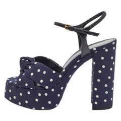 Saint Laurent Navy Blue/White Polka Dot Fabric Bianca Sandals Size 38