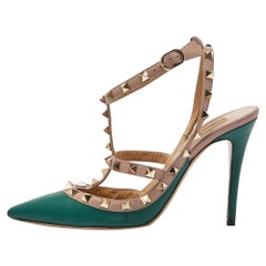 Valentino Green/Beige Leather Rockstud Strappy Pointed Toe Pumps Size 37.5