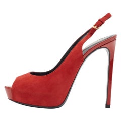 Saint Laurent Red Suede Peep Toe Slingback Pumps Size 37