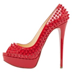 Christian Louboutin Red Patent Leather Lady Peep Spikes Pumps Size 39