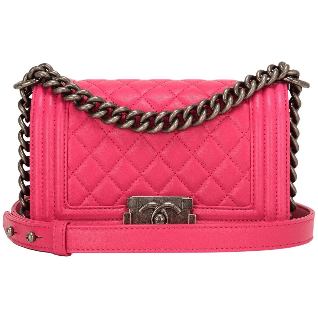 Chanel Fuchsia Pink Quilted Lambskin Small Boy Bag For Sale