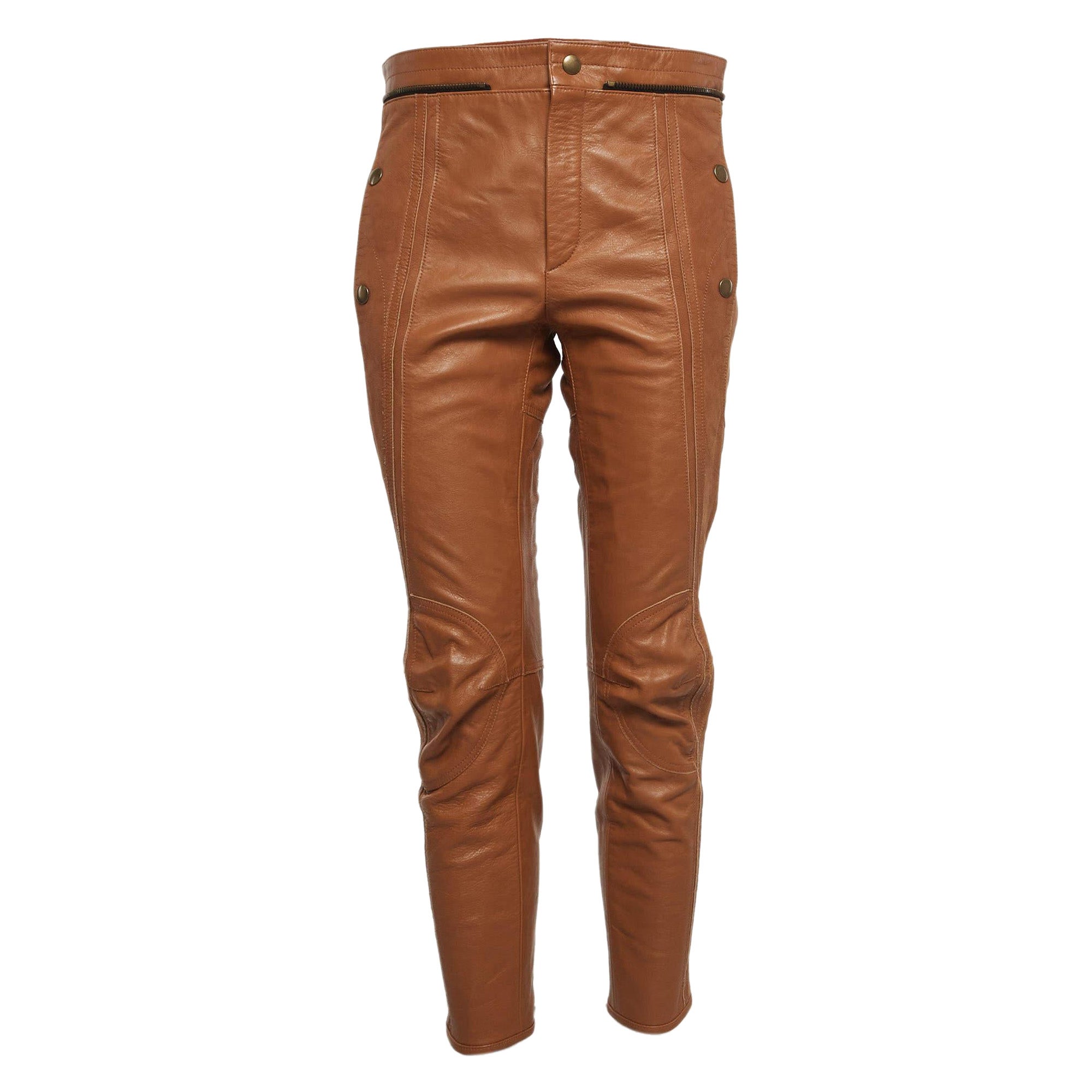 Chloe Havana Brown Leather Straight Leg Trousers M For Sale