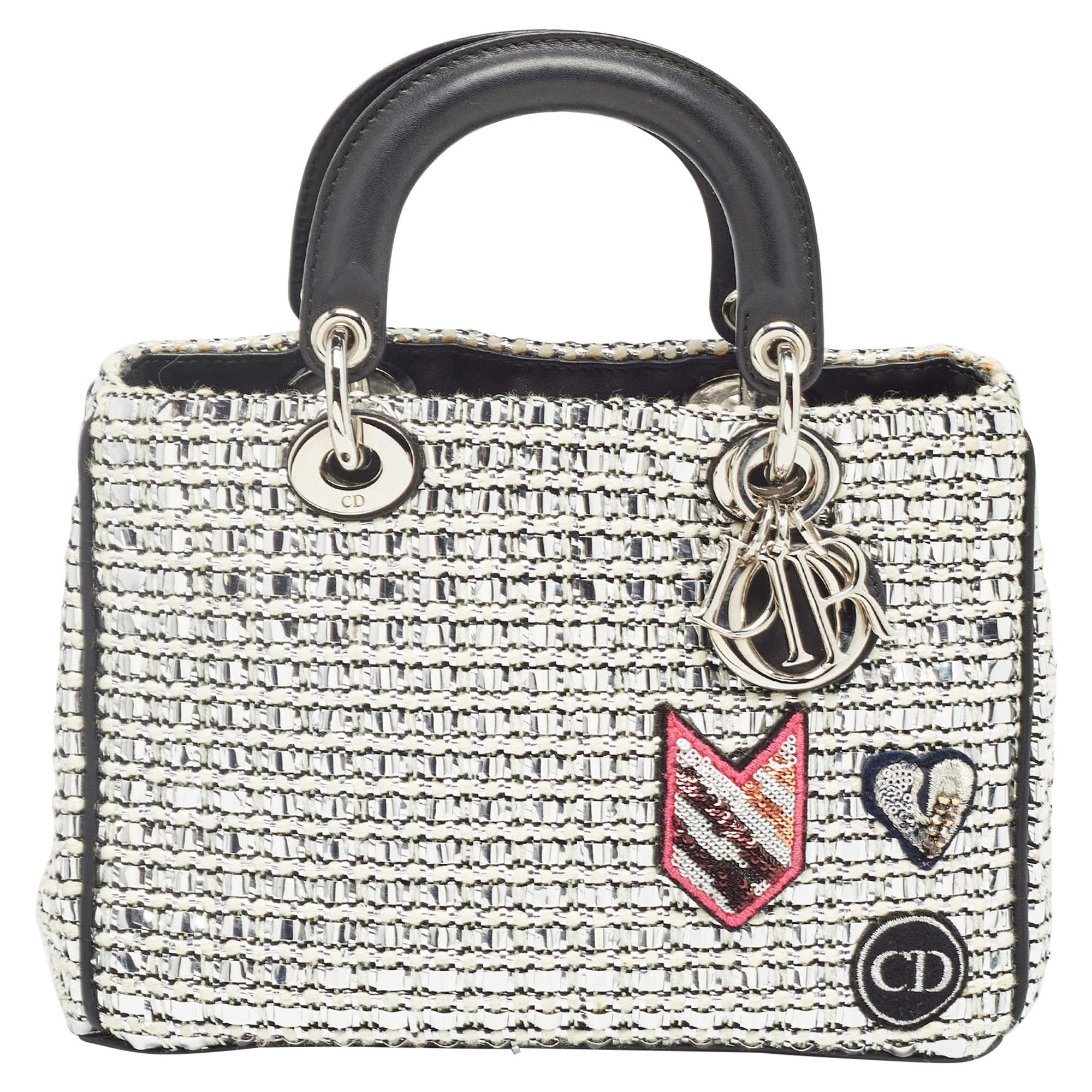 Bolso Dior negro/plata de tweed y piel con pequeño parche Diorissimo en venta