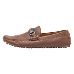 Gucci Brown Leather Web Slip On Loafers Size 43
