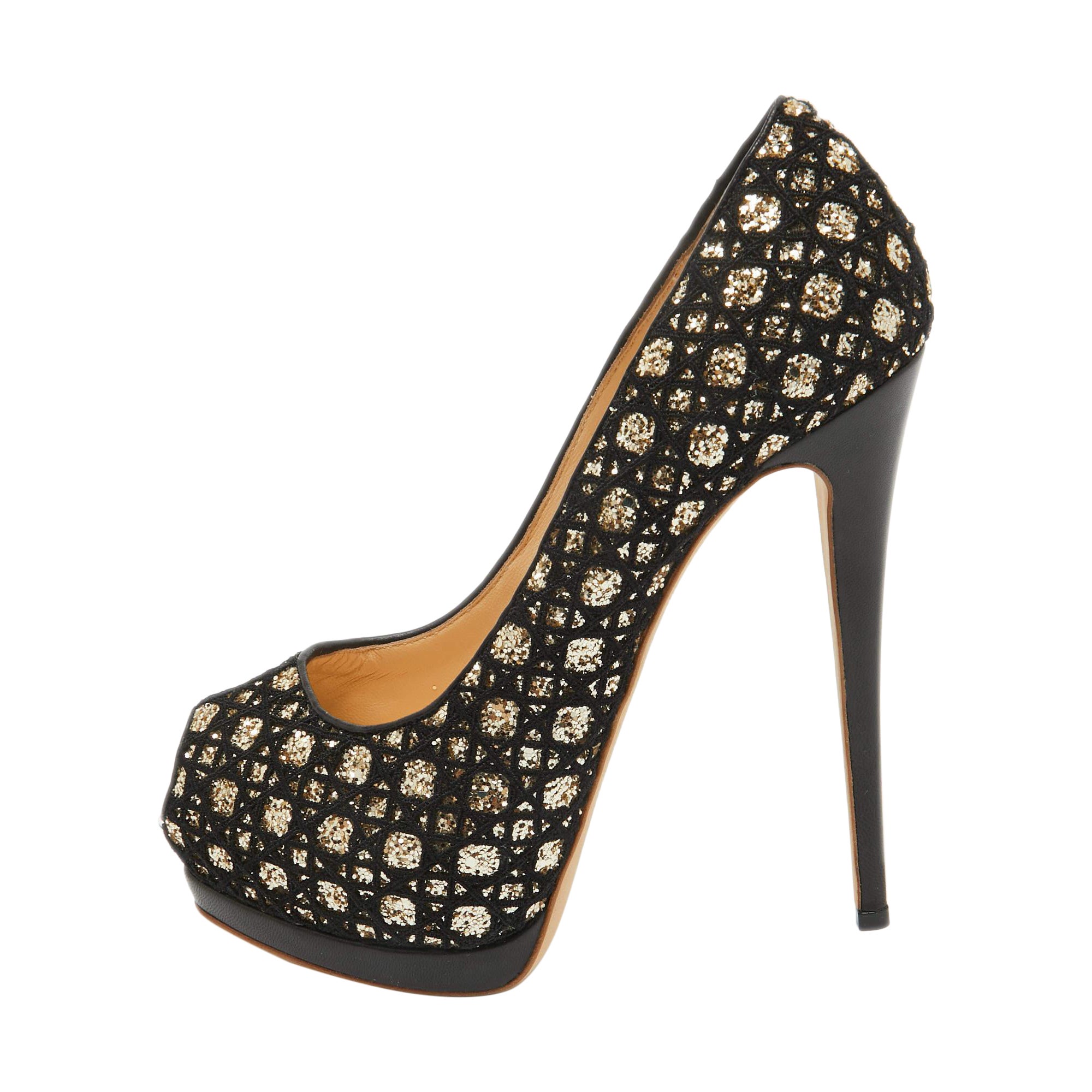 Giuseppe Zanotti Bombas de plataforma de malla y purpurina negras/doradas Talla 41