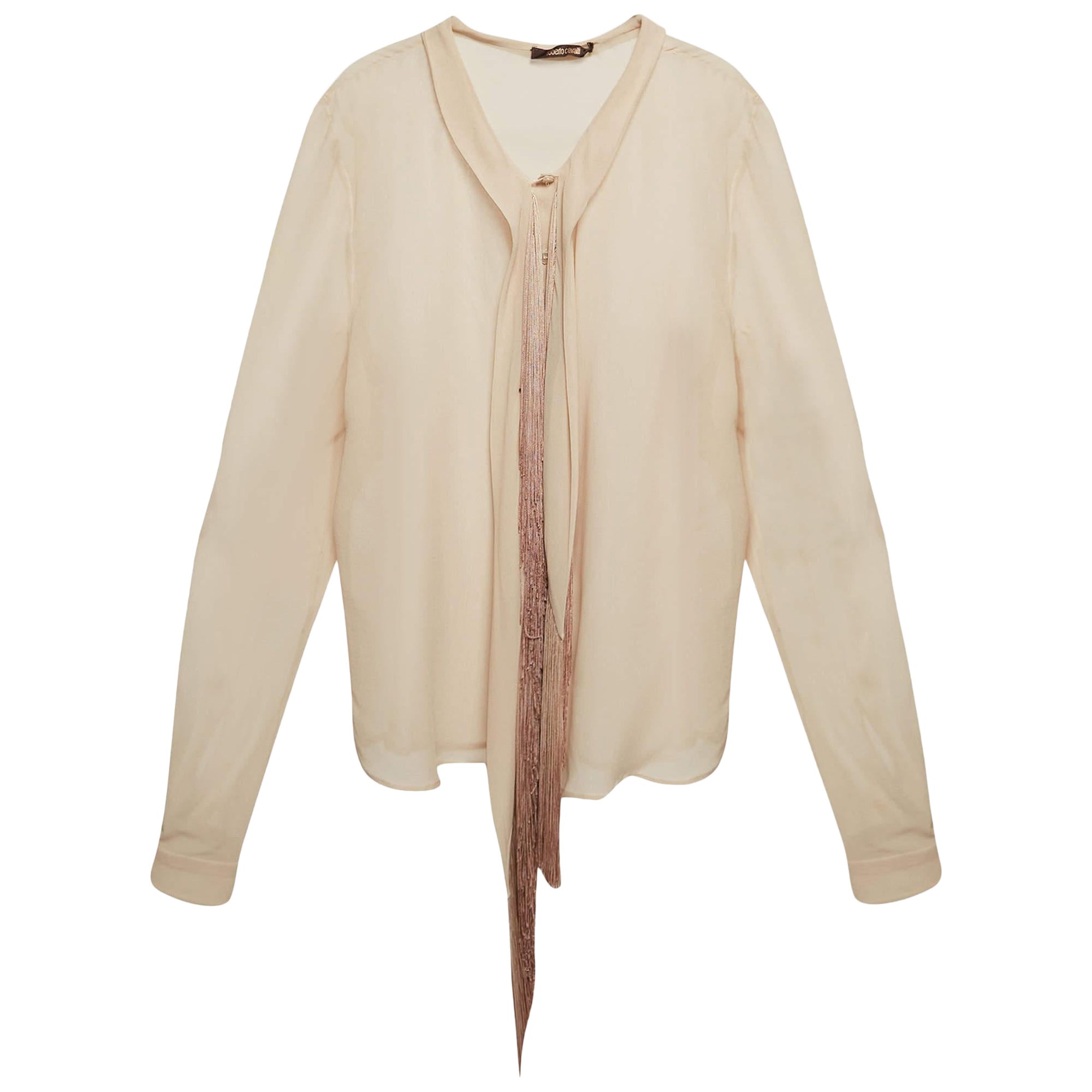Roberto Cavalli Beige Silk Fringed Shirt L For Sale