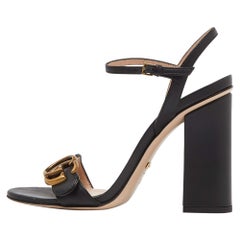 Gucci Black Leather GG Marmont Block Heel Ankle Strap Sandals Size 36