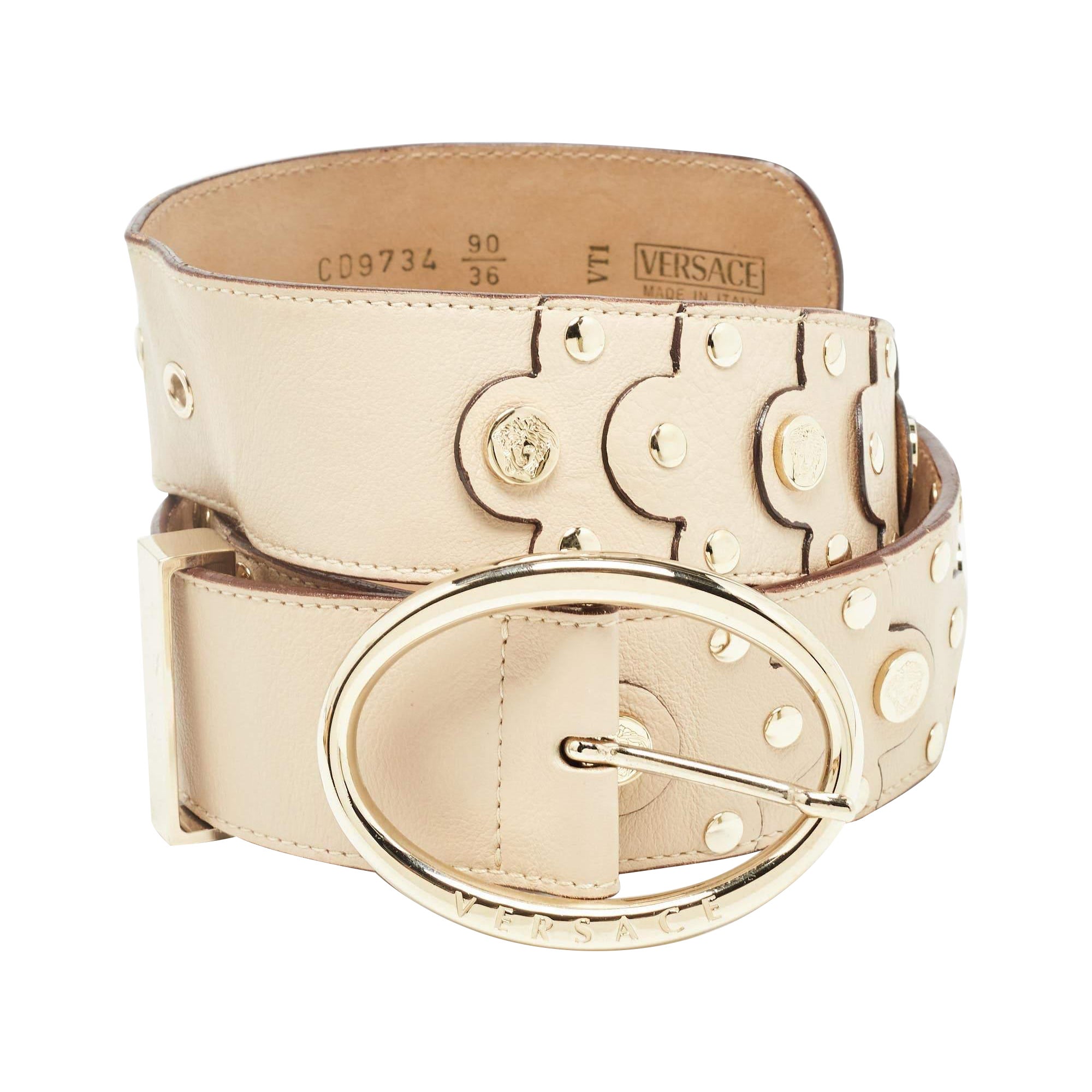 Versace Beige Leather Studded Oval Buckle Belt 90CM