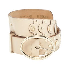 Versace Beige Leather Studded Oval Buckle Belt 90CM