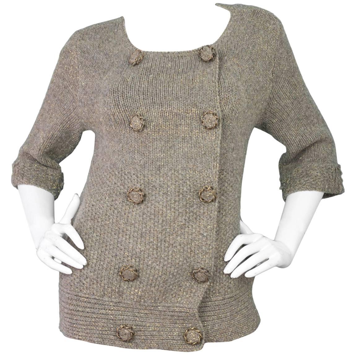 Louis Vuitton Metallic Taupe Wool Double Breasted Sweater sz M