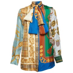 Burberry Multicolor Archive Scarf Print Silk Tie-Neck Shirt S