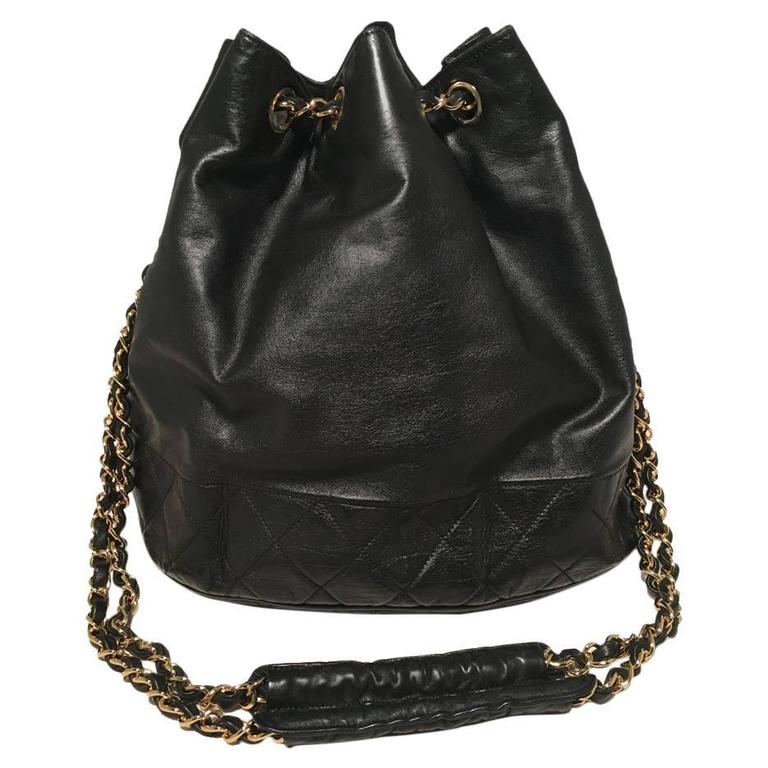 Chanel Vintage Black Leather Drawstring Bucket Shoulder Bag For Sale at