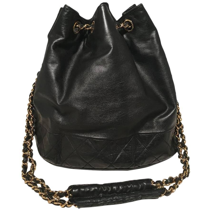 Chanel Vintage Black Leather Drawstring Bucket Shoulder Bag