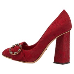 Dolce Gabbana Red Brocade Fabric Crystal Embellished Block Heel Pumps Size 39.5