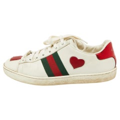 Gucci White Leather Ace Heart Web Low Top Sneakers Size 37