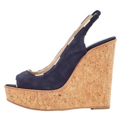 CH Carolina Herrera Marineblaue Wildleder Kork Keil-Slingback-Sandalen Größe 37