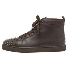 Christian Louboutin Brown Leather Lou Spikes High Top Sneakers Size 43.5