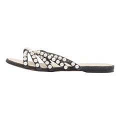 Chanel Black Leather Pearl Flat Slide Size 37