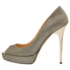 Jimmy Choo Gold/Silver Glitter Fabric Dahlia Platform Pumps Size 39.5