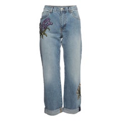 Alexander McQueen Blue Embroidered Floral Denim Boyfriend Jeans S Waist 28"