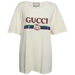 Gucci Cream Sequin Logo Cotton Crew Neck T-Shirt L