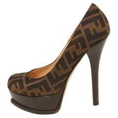 Fendi Brown Zucca Canvas Fendista Platform Round Toe Pumps Size 36.5