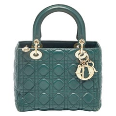 Dior Green Cannage Leather Medium Lady Dior Tote