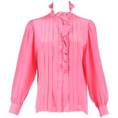 1970s Yves Saint Laurent YSL Pink Silk Pleated Long Sleeved Blouse W/Ruffle Trim