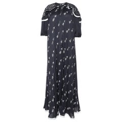 Self-Portrait Black Arrow Print Crepe Pleated Lace Trimmed Long Dress S