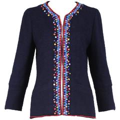 1997 Chanel Navy Blue Wool Boucle Cardigan Jacket W/ Multi-Colored Stitched Trim 9