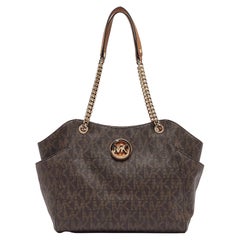 Michael Kors Brown Signature Jet Set Travel Chain Bag en toile enduite et cuir