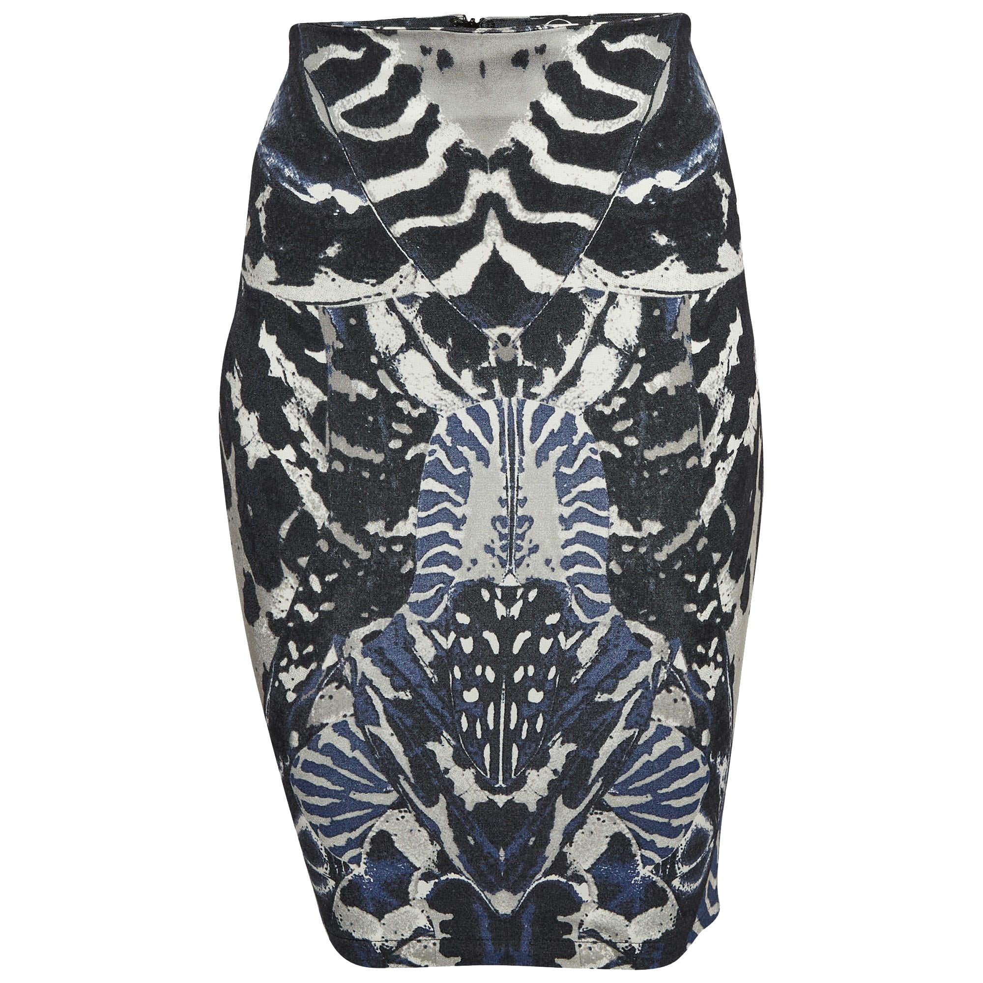 McQ by Alexander McQueen Blue Beetle Print Crepe Pencil Skirt XS For Sale