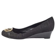 Fendi Black Canvas Logo Wedges Sandals Size  41