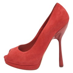 Alexander McQueen Red Suede Peep Toe Platform Pumps Size 38.5