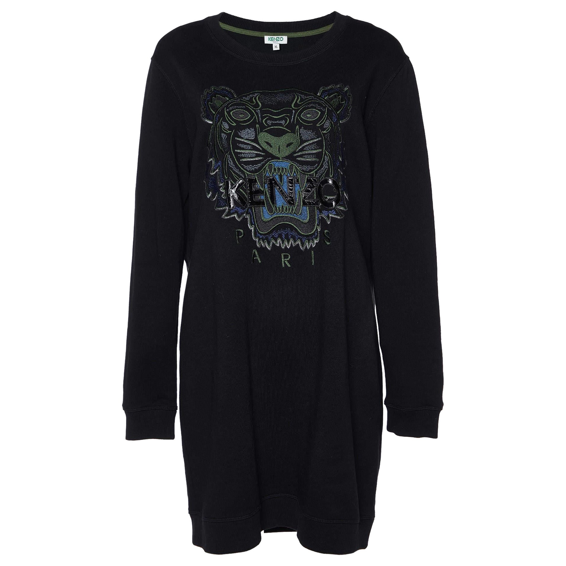 Kenzo Black Embroidered Cotton Knit Crewneck Sweatshirt XL For Sale