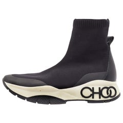 Jimmy Choo Black Knit Fabric and Leather Raine High Top Sneakers Size 38