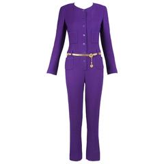 2003 Chanel Purple Wool Boucle Jumpsuit w/Four Frontal Patch Pockets