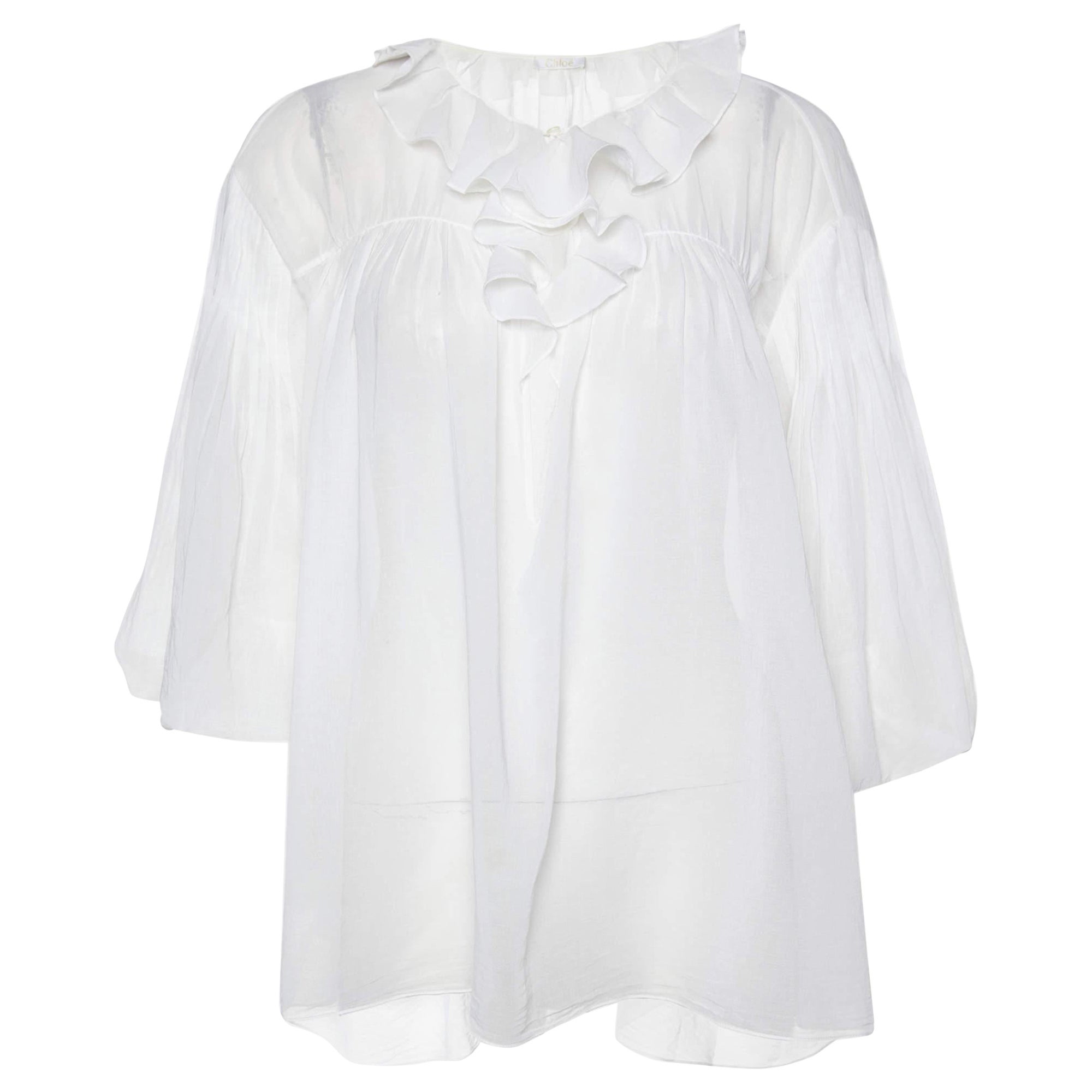 Chloe Off-White Cotton Pleated Loose Fit Top M For Sale