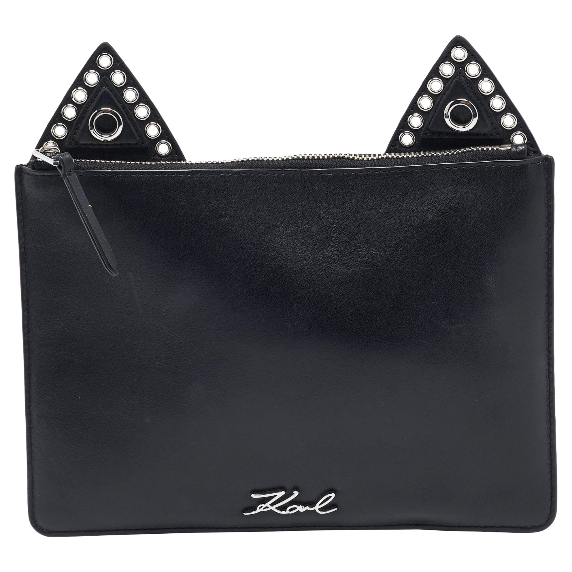 Karl Lagerfeld Black Leather Eyelet Cat Ear Pouch For Sale