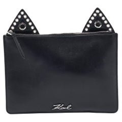 Karl Lagerfeld Black Leather Eyelet Cat Ear Pouch
