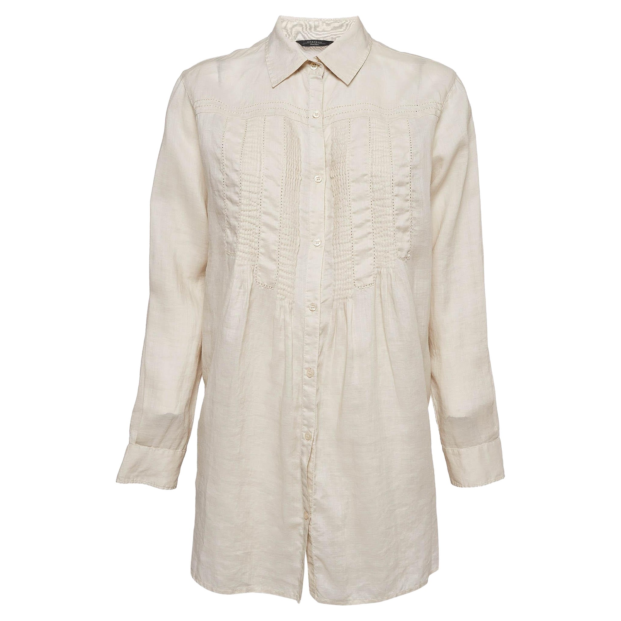 Weekend Max Mara Beige Ramie Pleated Blouse M For Sale