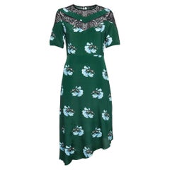 Maje Green Floral Print Lace Trim Crepe Asymmetric Midi Dress M