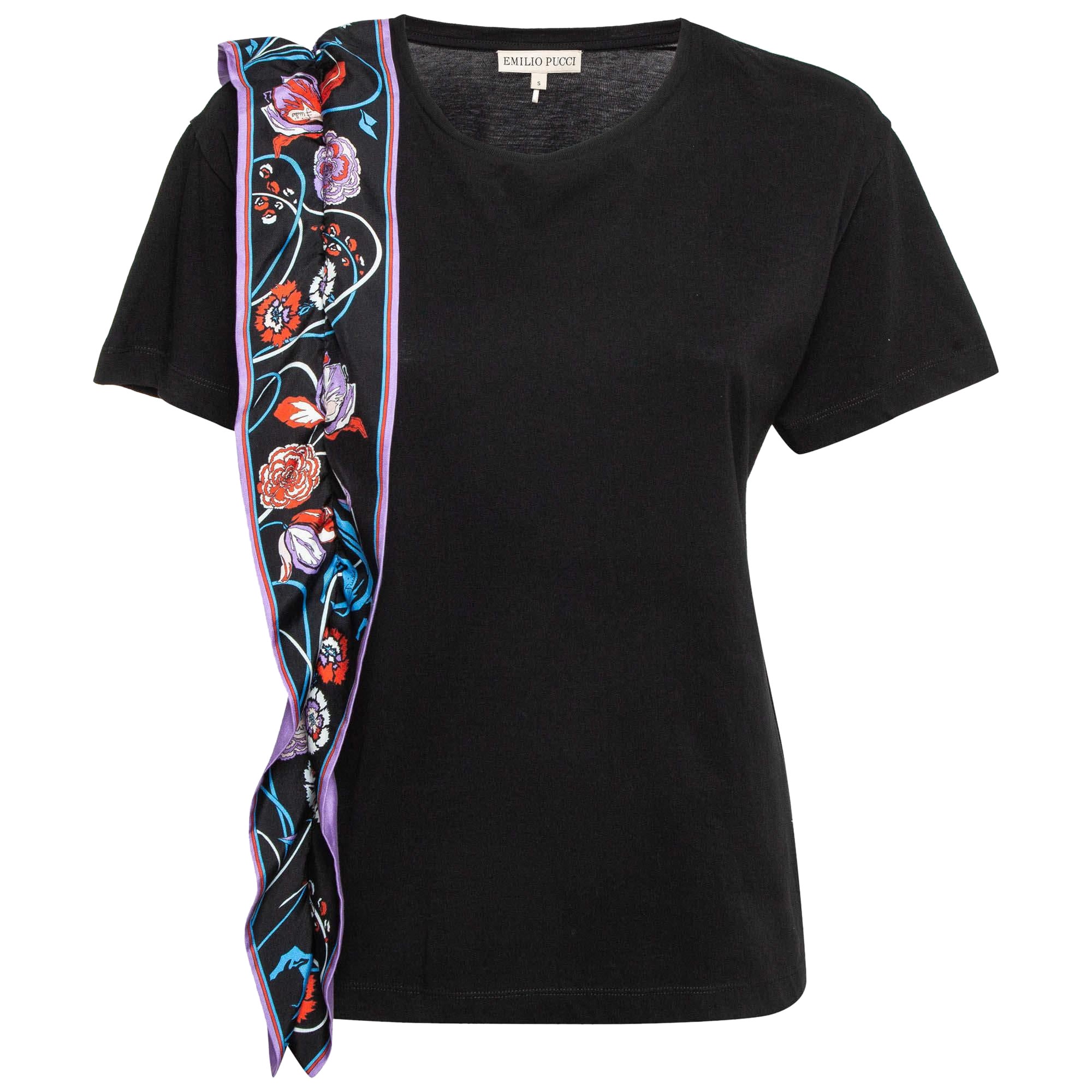 Emilio Pucci Black Floral Print Silk Frill Jersey T-Shirt S For Sale