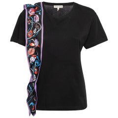 Emilio Pucci Camiseta de punto con volante de seda y estampado floral negro S