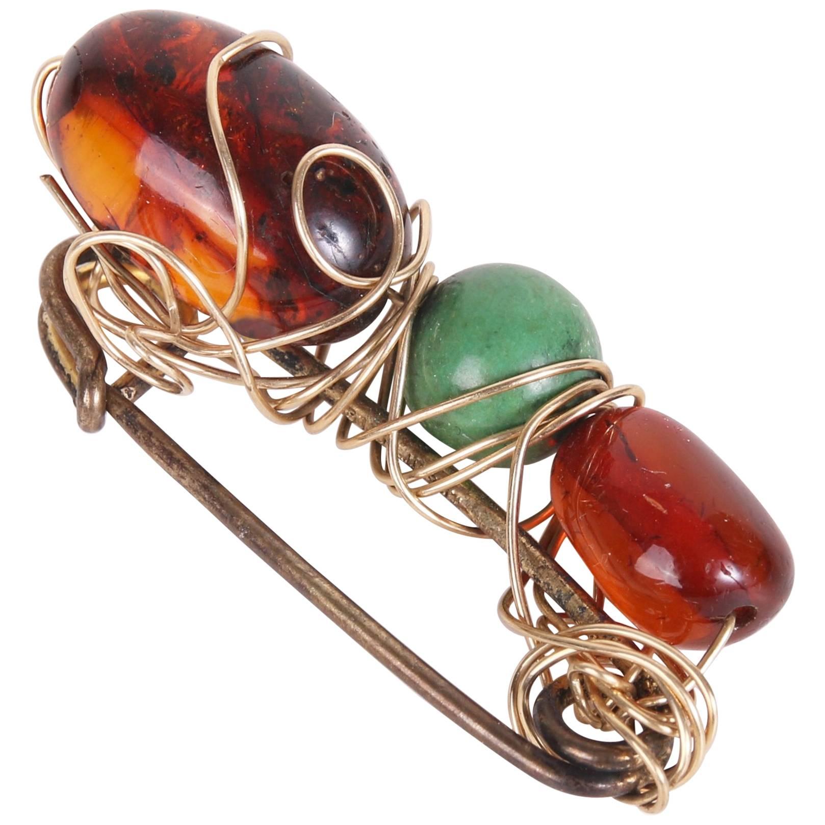 Kazuko 14k Wire Wrapped Brooch Safety Pin w/Three Crystal Beads