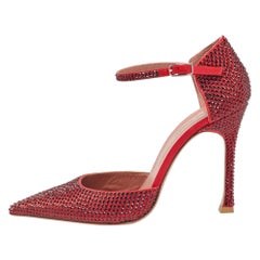 Amina Muaddi Red Satin Vittoria 105mm Crystal-Embellished Pumps Size 37