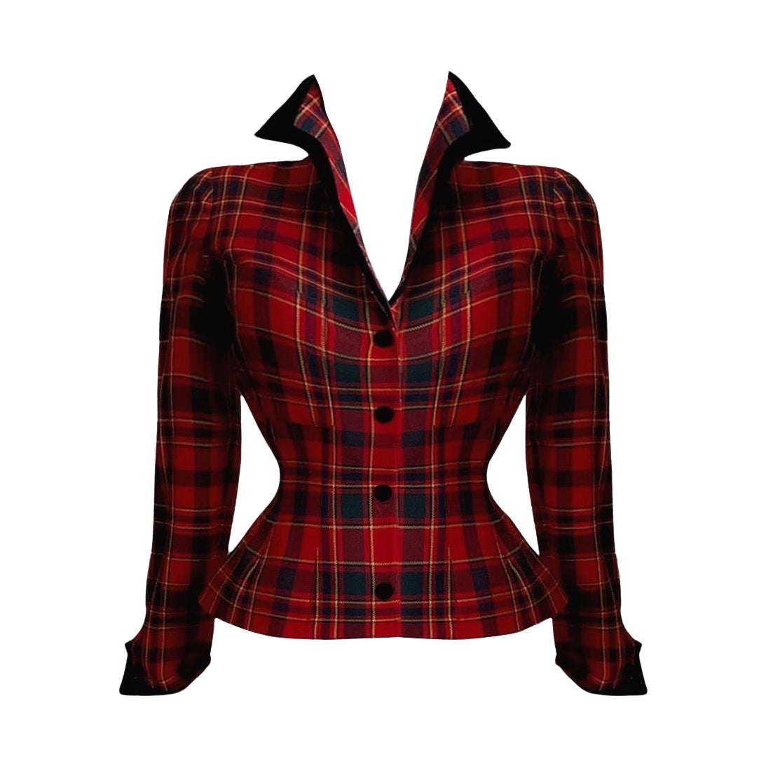 Thierry Mugler - Veste sculpturale en laine tartan avec détails en velours rouge et noir en vente