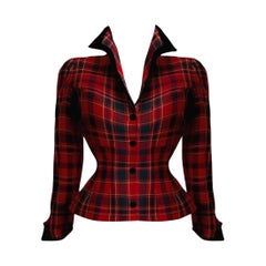Thierry Mugler Sculptural Wool Tartan Jacket Velvet Details Red Black
