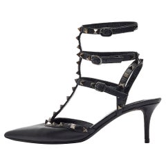 Valentino Black Leather Rockstud Ankle Strap Pumps Size 41